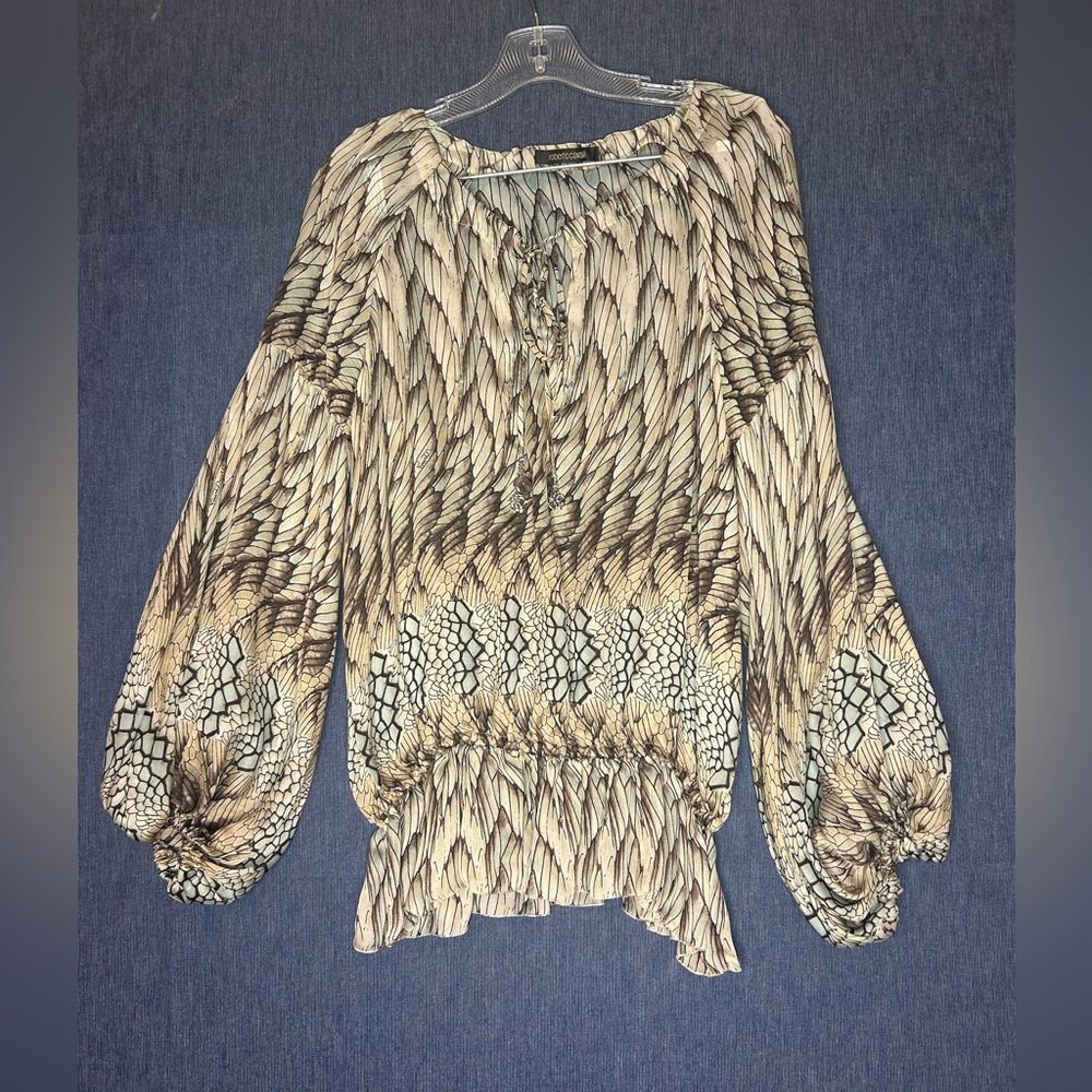 Roberto Cavalli Beige and Black Feather-Print Peasant Blouse